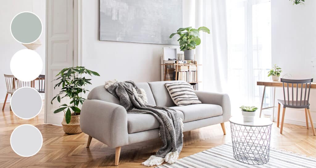 gray couch in room decorated in cool neutrals
